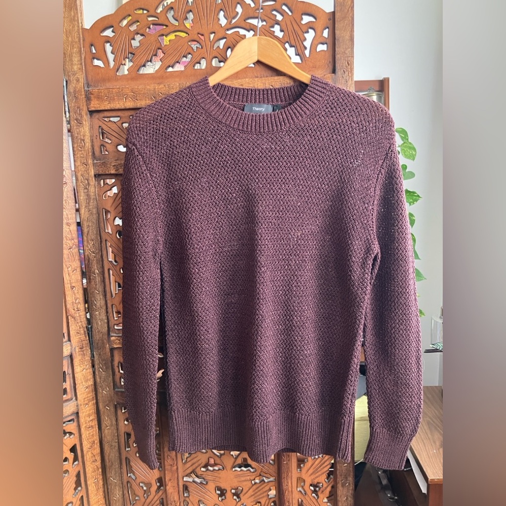 Theory brown crew neck sweater, textured mesh knit